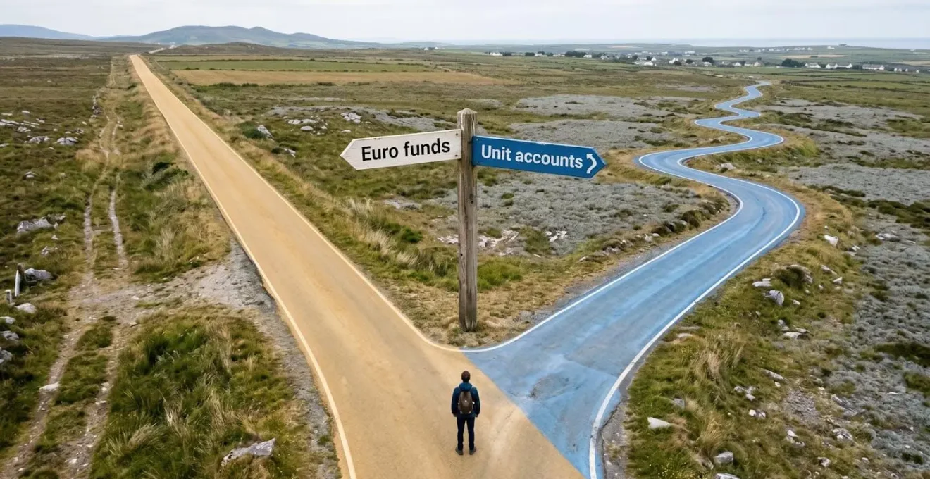Deux chemins : une route droite dorée (fonds euros) et une route sinueuse bleue (unités de compte).