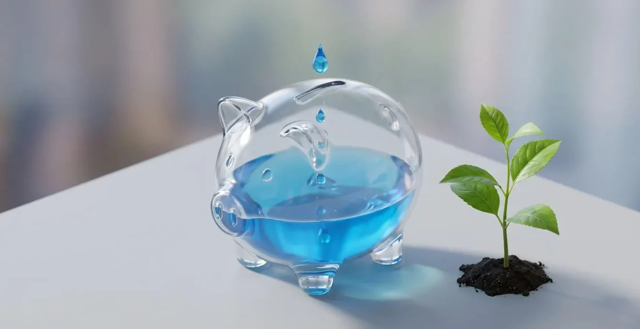Tirelire en verre se remplissant goutte à goutte d'eau, avec une plante qui pousse à côté.